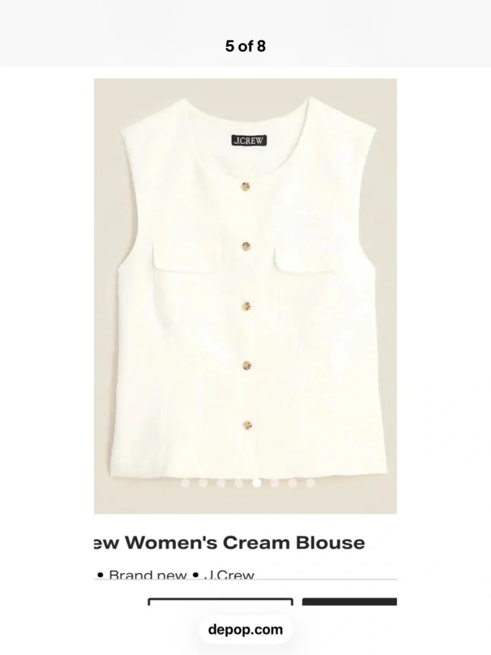 J.CREW Ivory Sleeveless Round Neck Button Front Satin Viscose Blouse Size 2